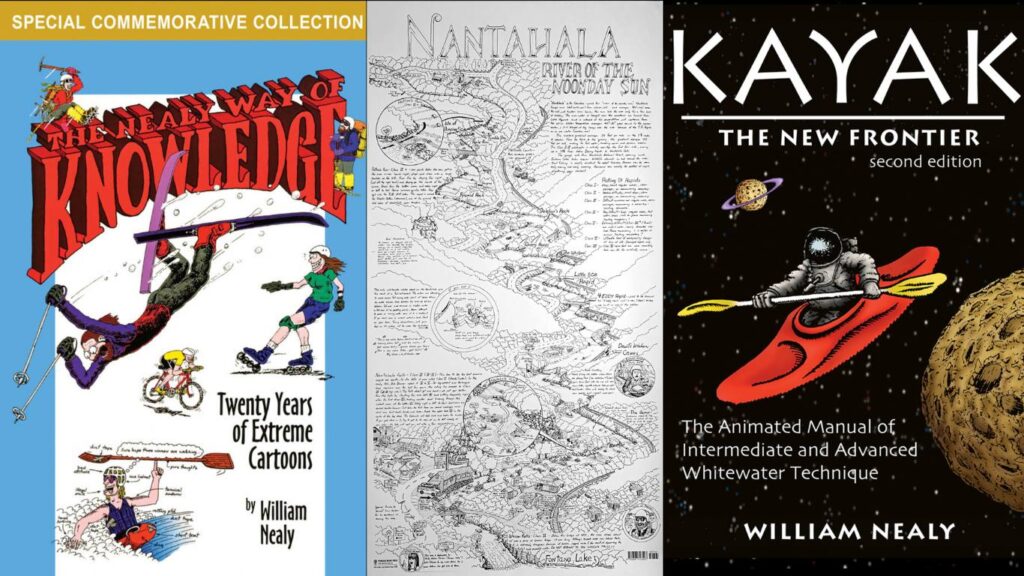 William Nealy's book covers of Kayak and The Nealy Way of Knowledge, and river map of Nantahala River.