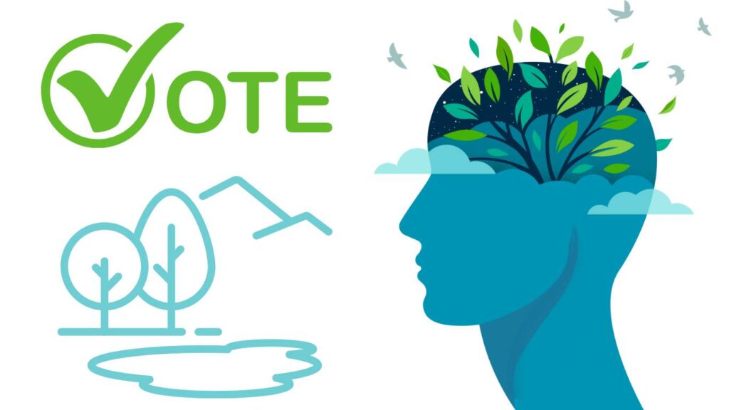 graphic with vote, nature scene, and head with nature